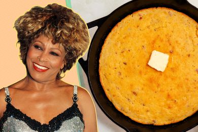 Tina Turner next to a photo of a skillet with cornbread in it and a pat of butter melting on top