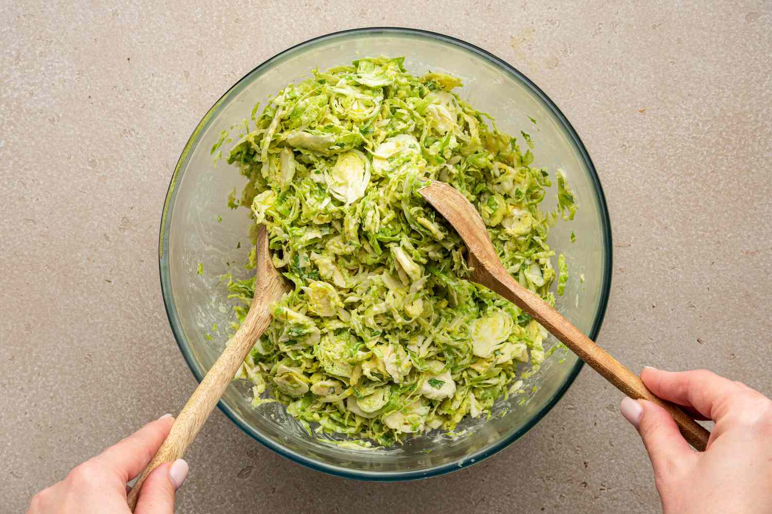 Brussels Sprouts Caesar Salad Topped Using Serving Utensils