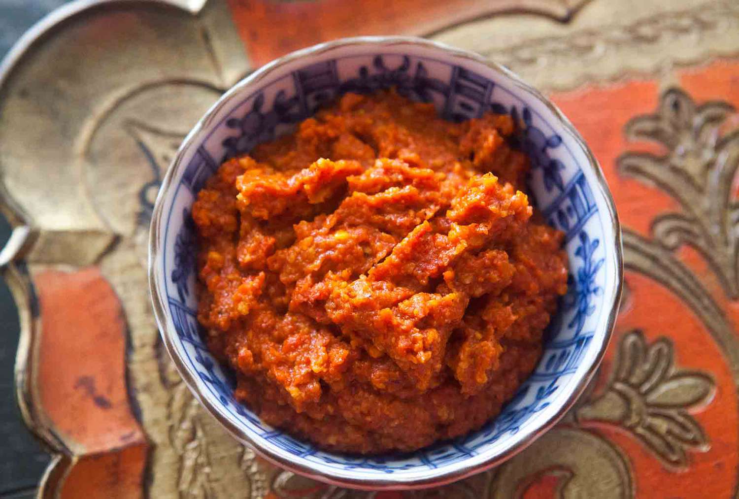 romesco sauce in a decorative bowl