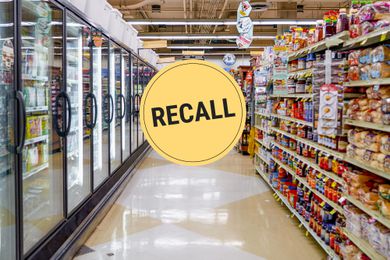 Grocery aisle with a recall graphic over top