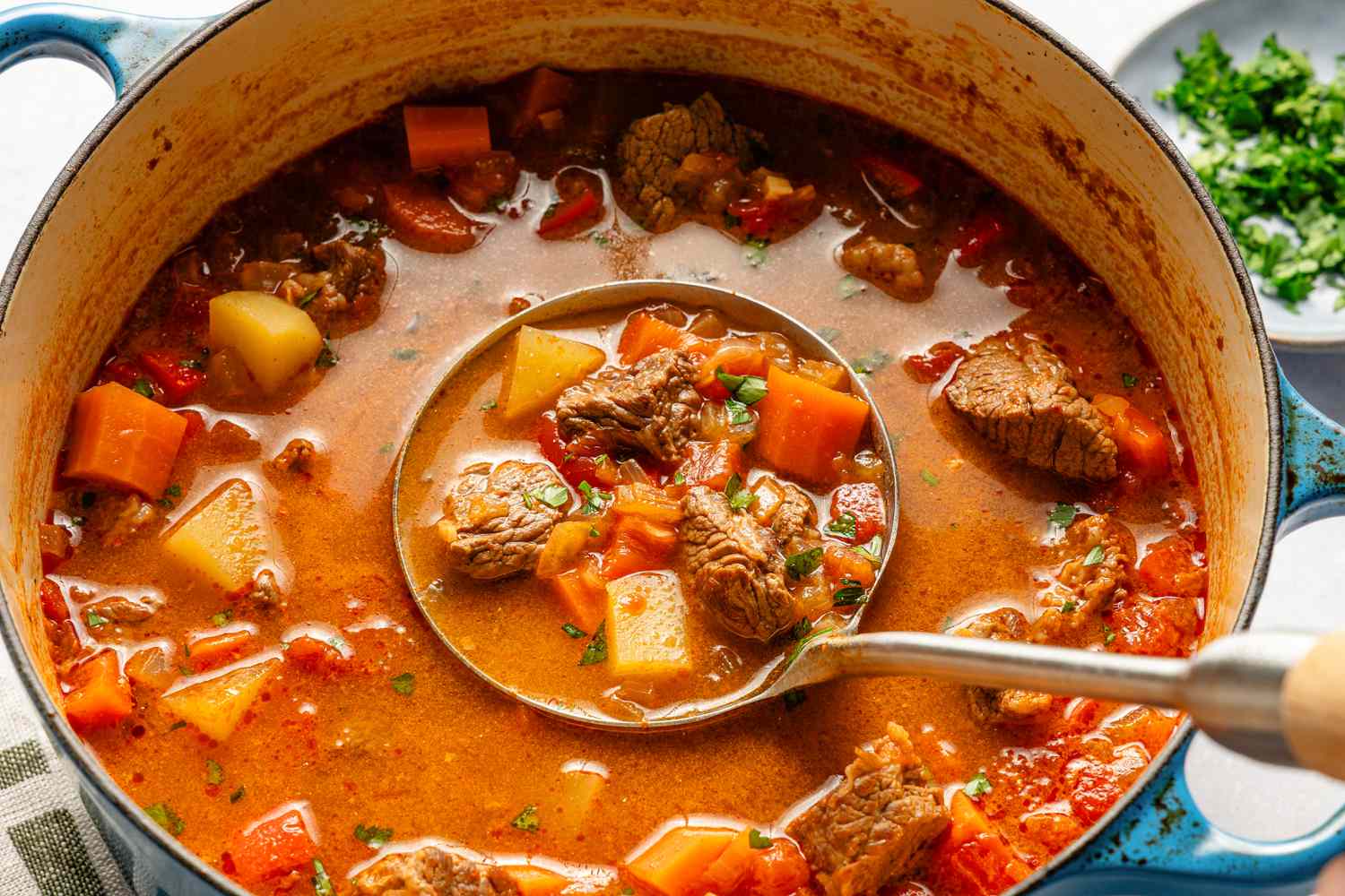 Overhead view of a dutch oven of Hungarian goulash with a ladle in the center with a serving inside
