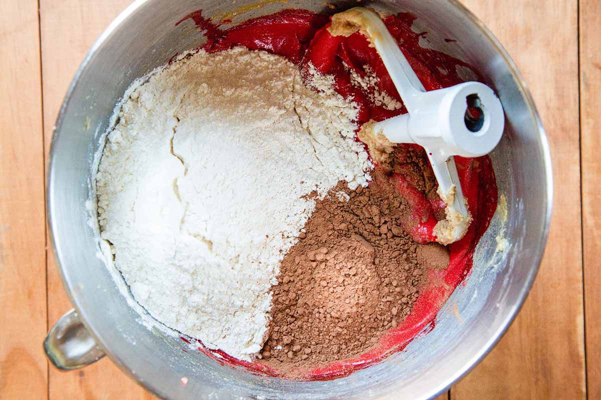 Red Velvet Cheesecake Cookies add the flour and cocoa powder