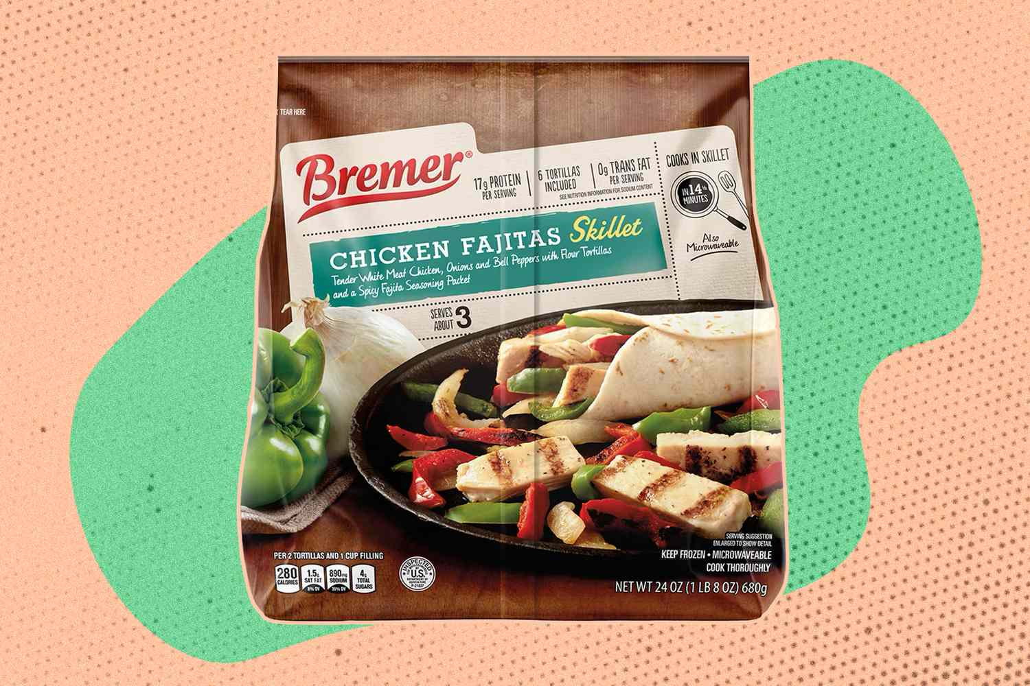 Packaged Bremer chicken fajitas skillet meal with an image of cooked fajitas and tortillas on the front