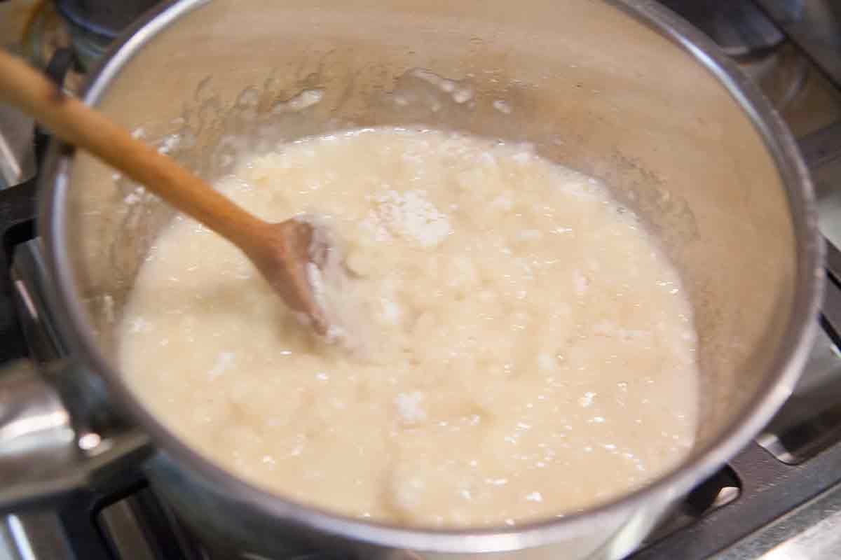 heat cheese puff dough to make gougere dough