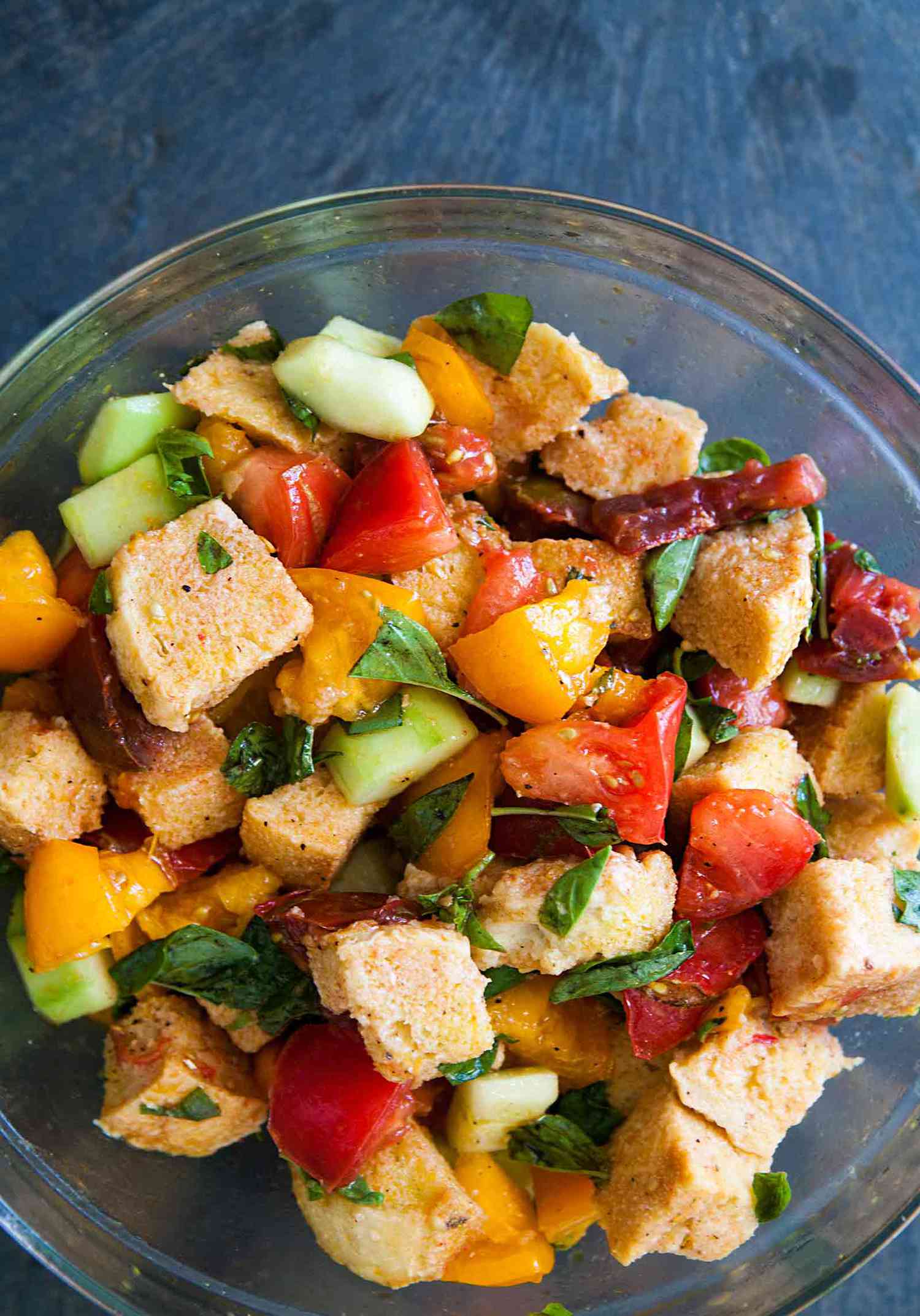 Make-Ahead Panzanella Salad Recipe served in a glass bowl
