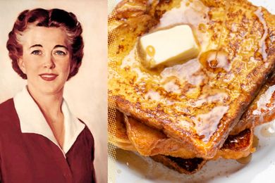 A retrostyle portrait of a woman next to a plate of French toast with a pat of butter on top