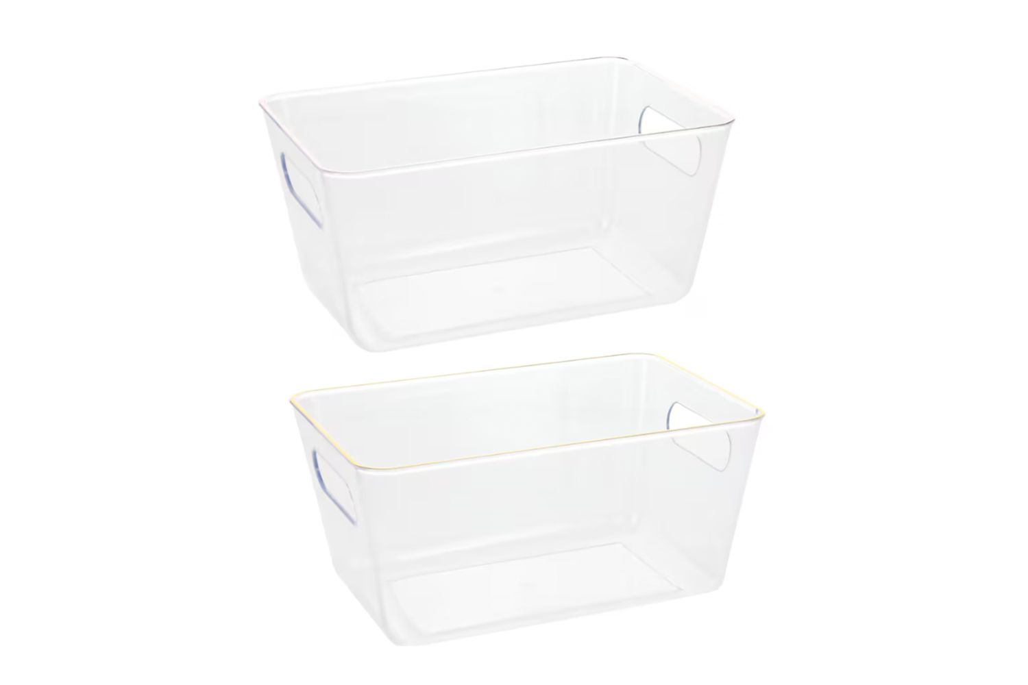 Two clear rectangular storage containers with side handles stacked vertically