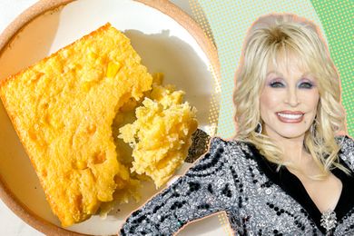 A split image of a plate with a serving of cornbread and Dolly Parton
