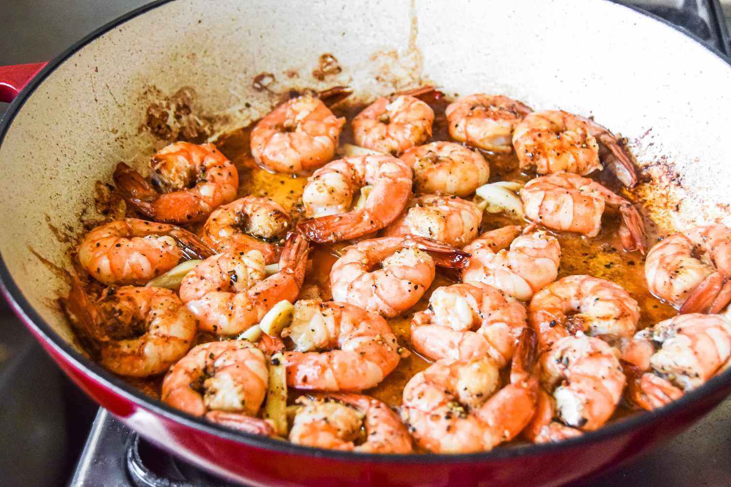 Peppery Garlic Shrimp in a Pan on the Stove