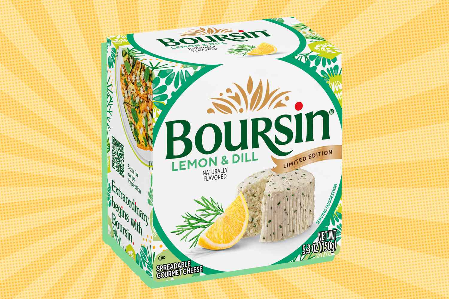 Boursin Lemon & Dill cheese packaging, limited edition, featuring graphics of lemon and dill