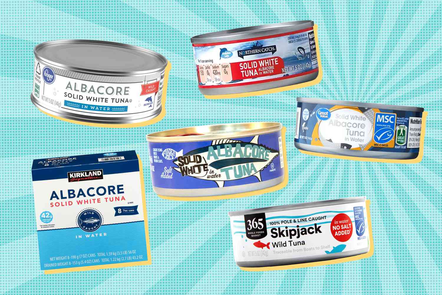 Various brands of canned tuna displayed, including albacore and skipjack types