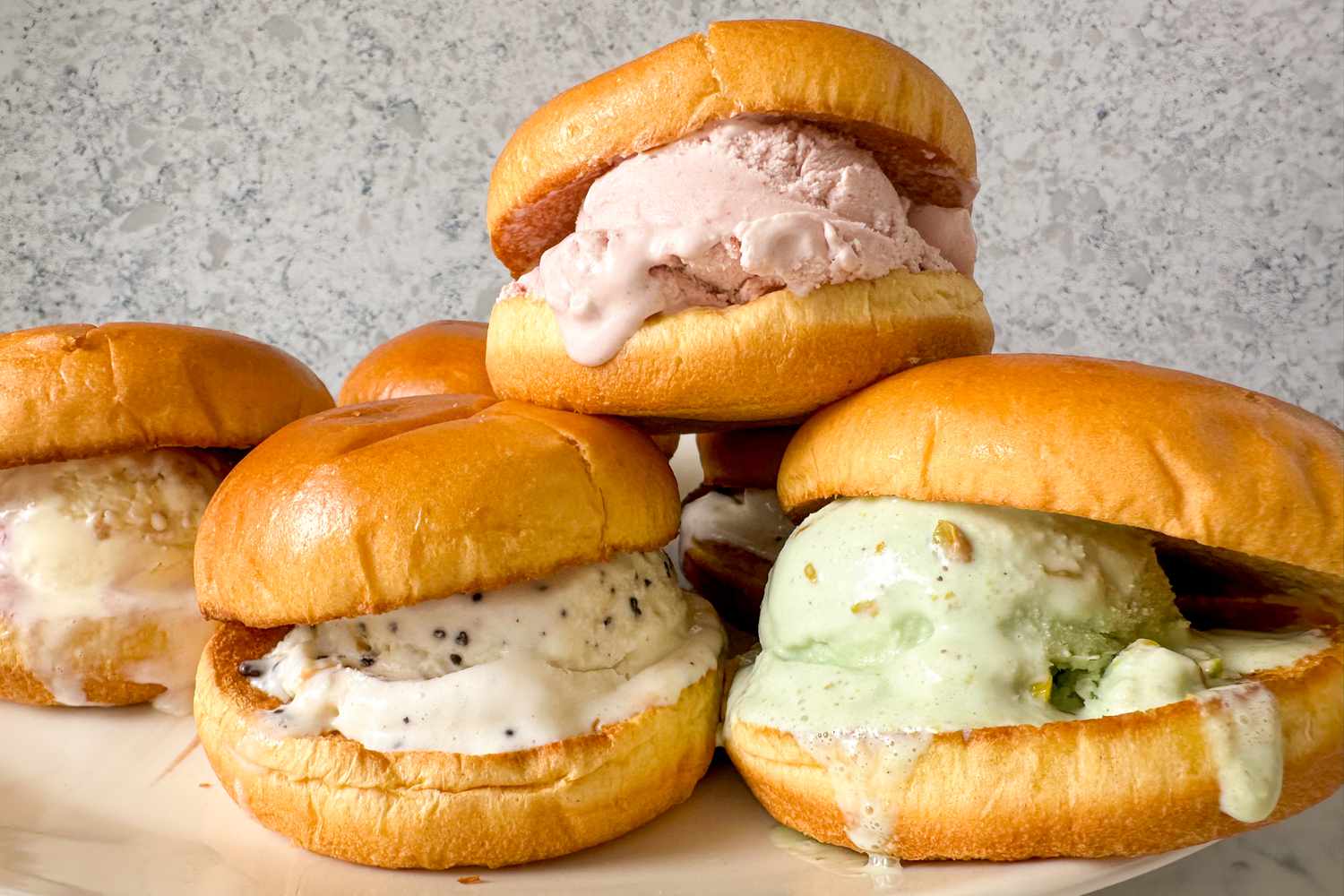 Brioche sandwiches with various flavors of ice cream as filling