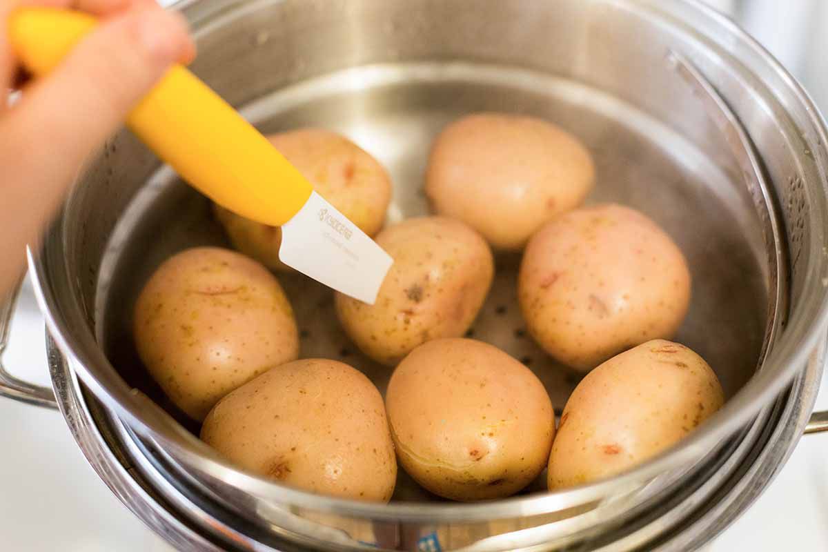 Cook the red potatoes for German Potato Salad until they are tender and easily pierced with a knife