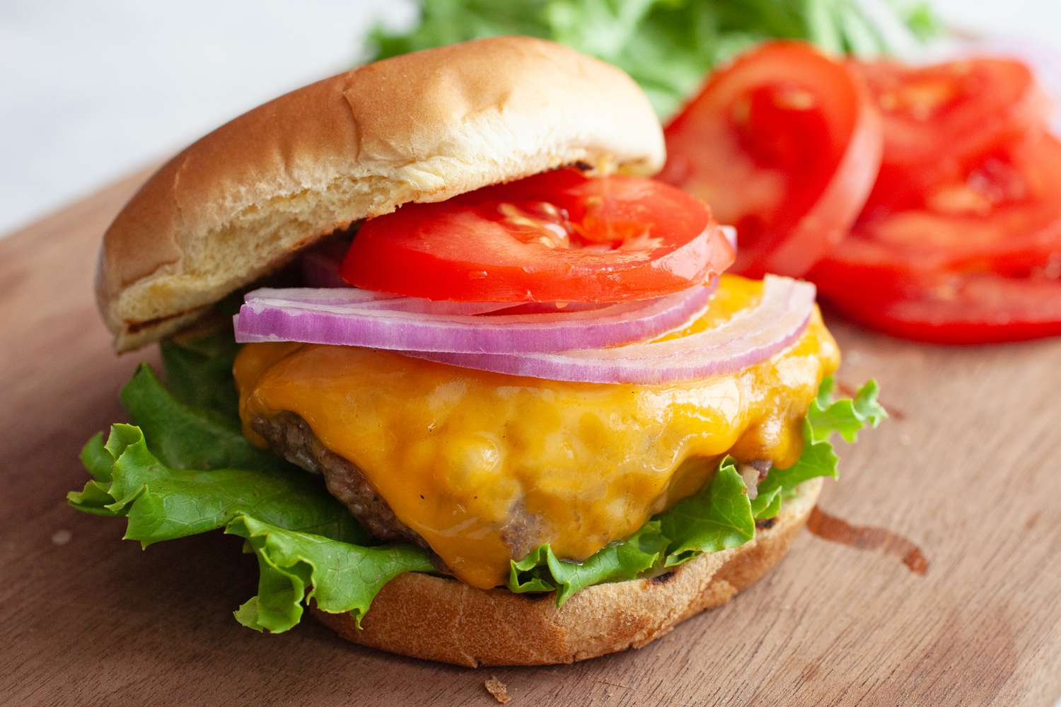 A burger on a cutting board