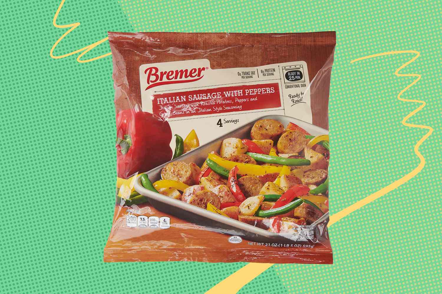 A packaged meal of Bremer Italian Sausage with Peppers over a colorful background