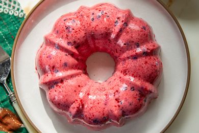 A blueberry gelatin mold dessert served on a plate