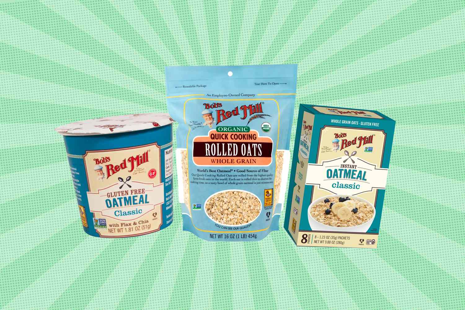 Various Bobs Red Mill oatmeal products displayed on a green background