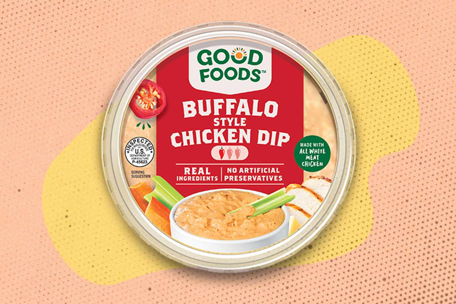 A container of Good Foods Buffalo Style Chicken Dip with its branding and label details visible