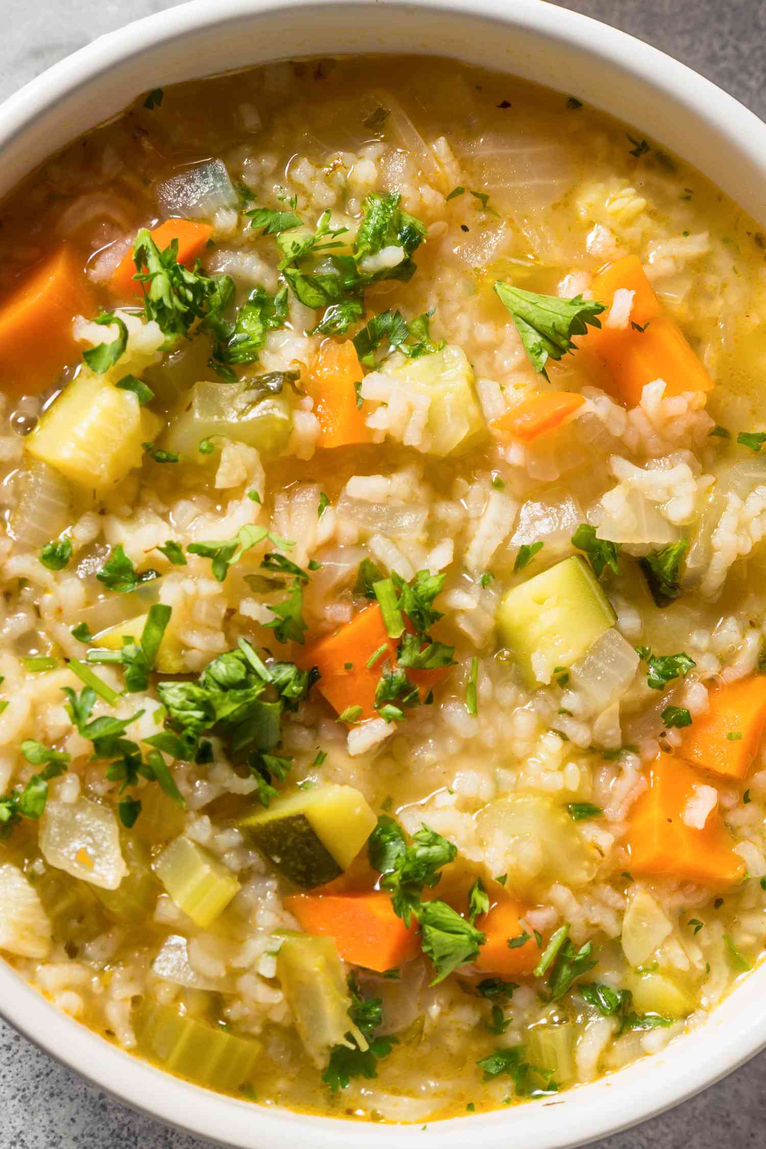 Rice and vegetable soup in a bowl