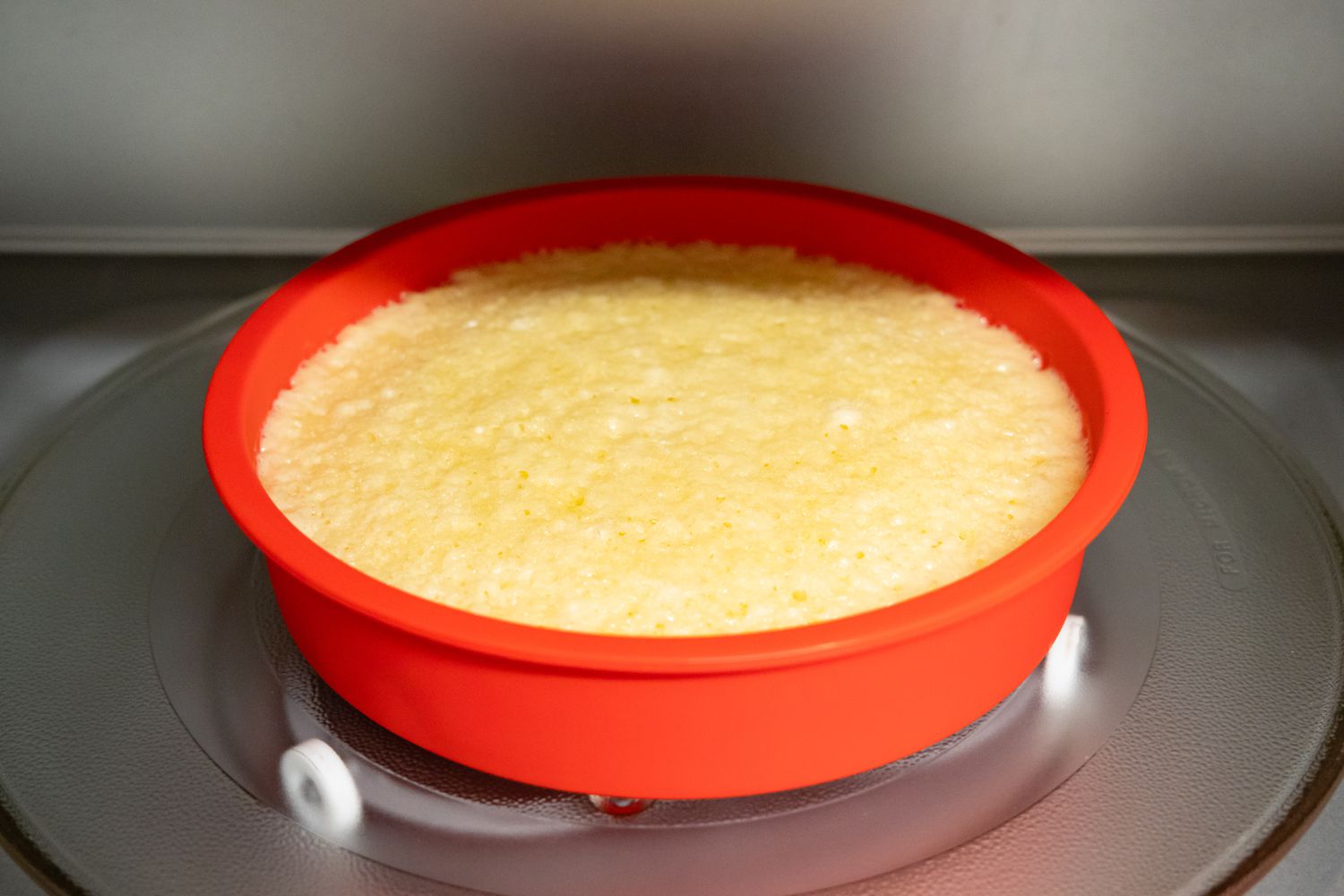 Pan of Baked Cake in the Microwave