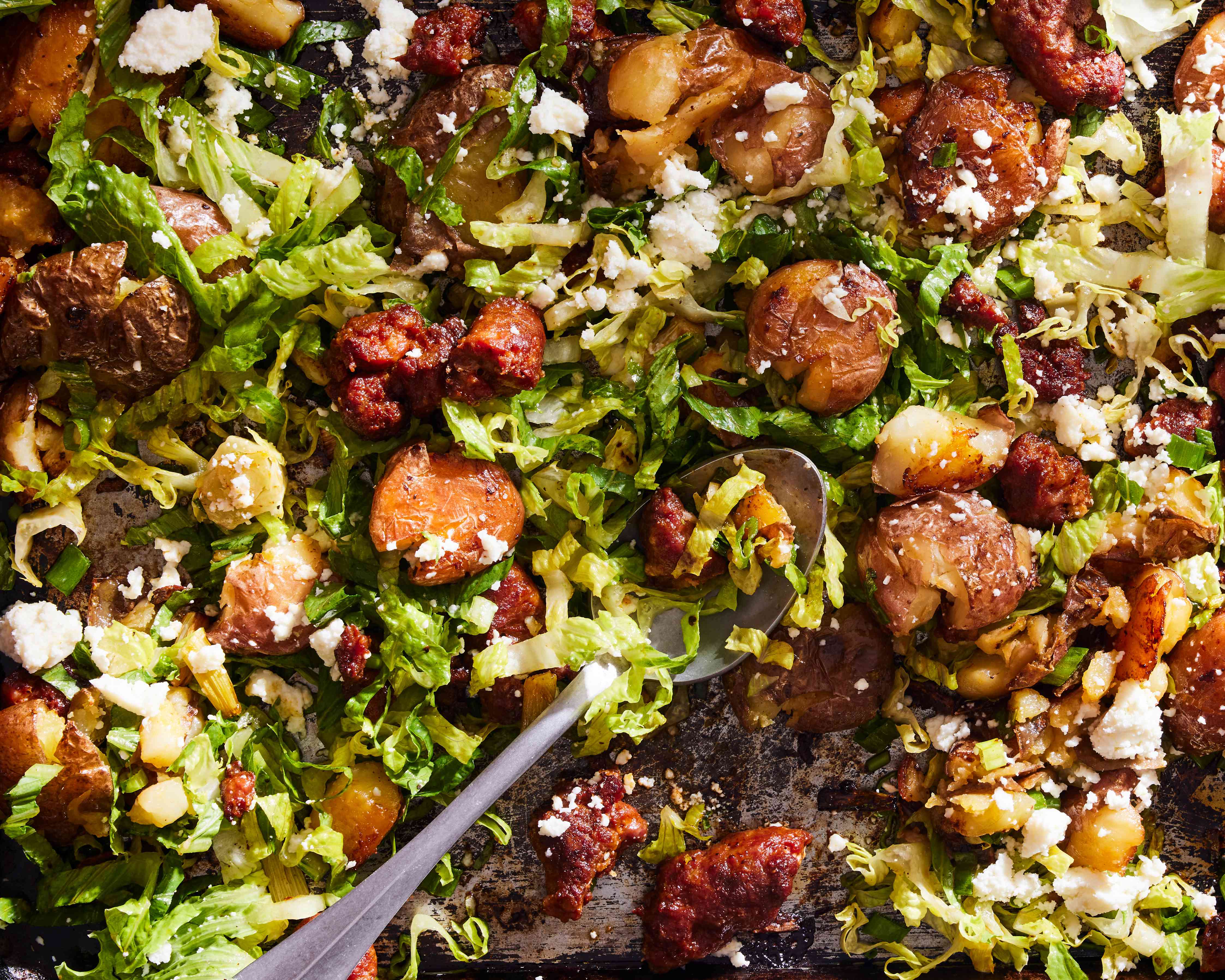 smashed-potato-and-chorizo-sheet-pan-salad-recipe