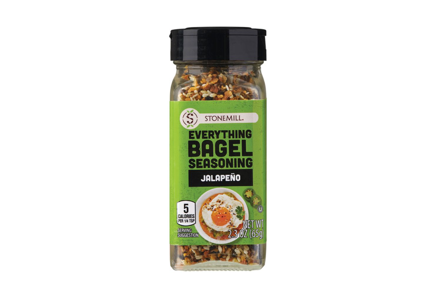 A shaker of Stonemill Everything Bagel Jalapeño Seasoning