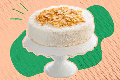 coconut cake on a cake stand (photo cut out) over a green and peach background 