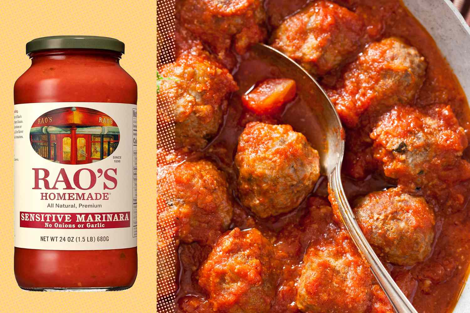 cutout of a jar of Rao's marinara on a yellow background next to a photo of meatballs in marinara sauce