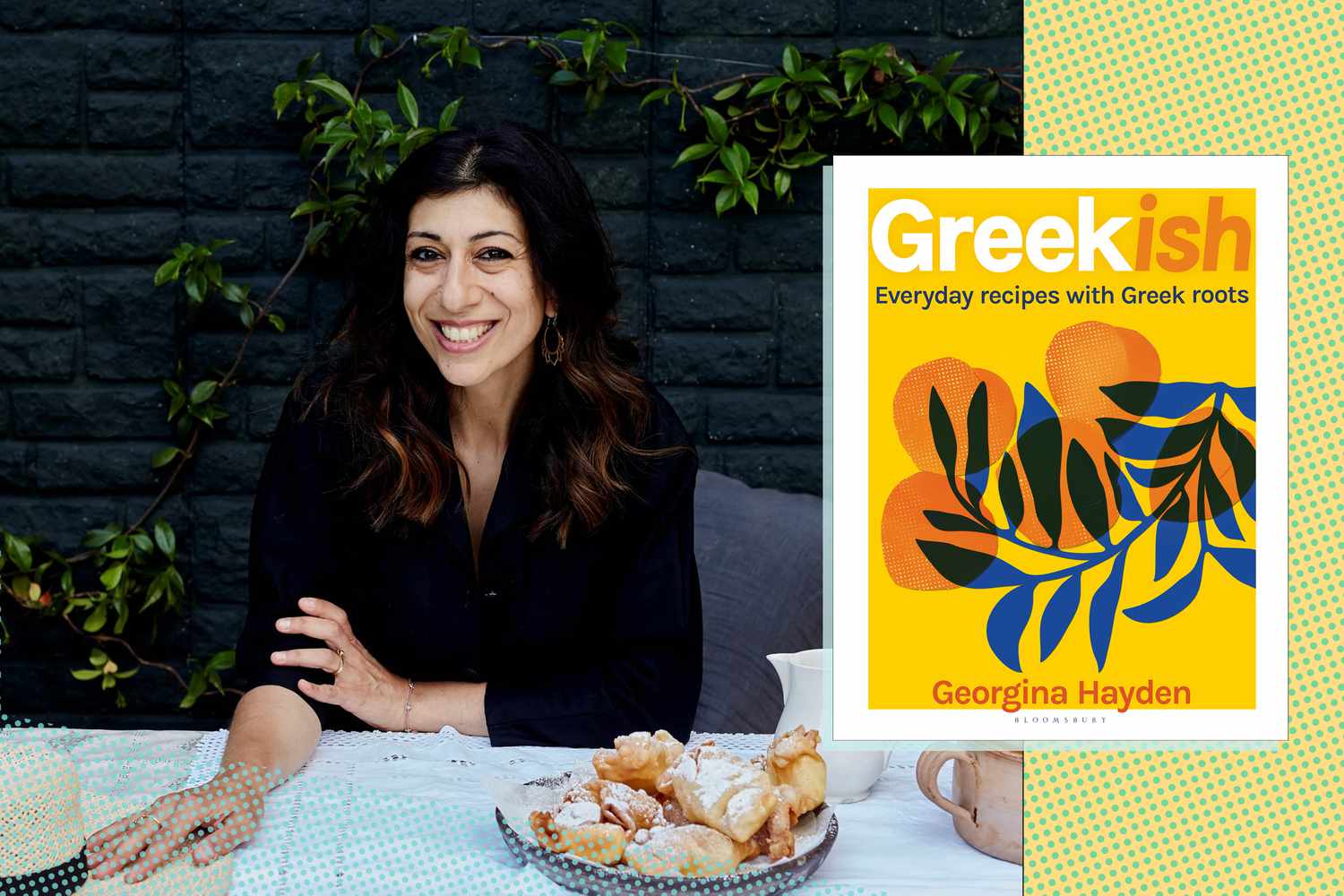 Author Georgina Hayden next to her book, Greekish