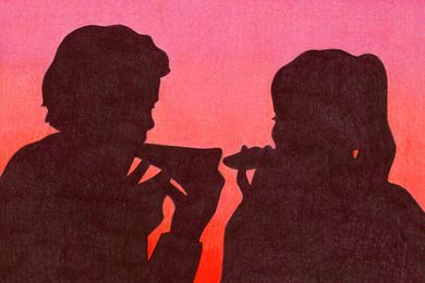 Illustrated silhouette of two people eating pizza