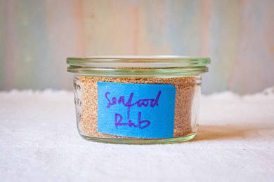 All Purpose Spice Rub for Fish and Seafood - labeled glass jar with spice rub
