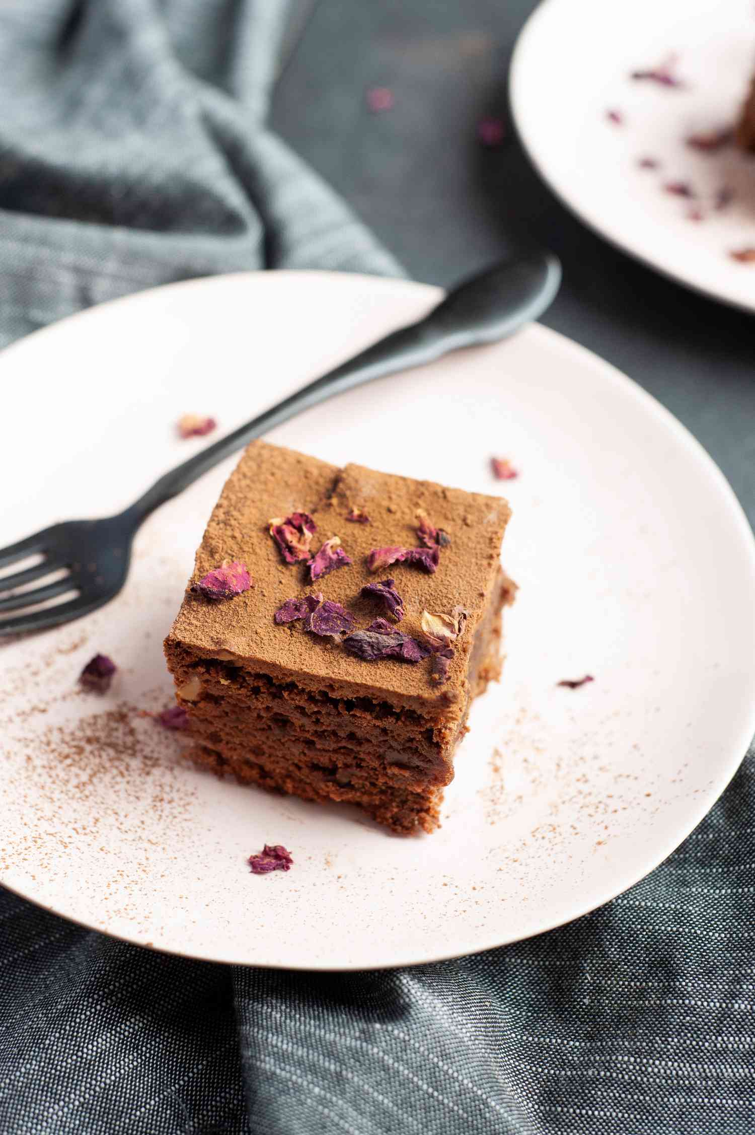 Slice of spiced brownie on a small plate.