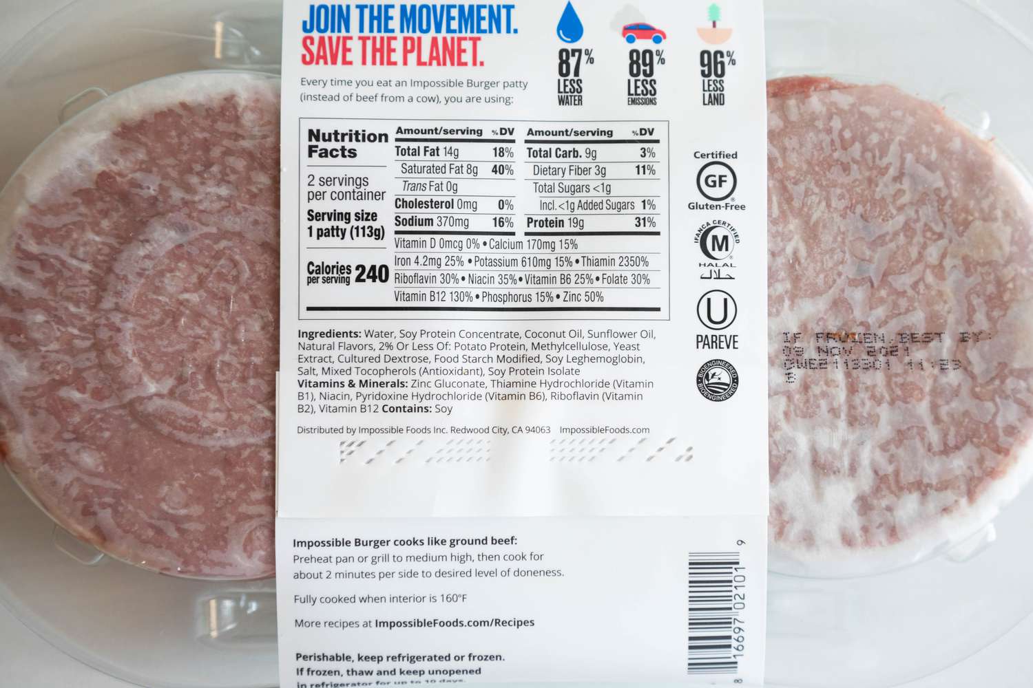 Impossible burger nutritional information label