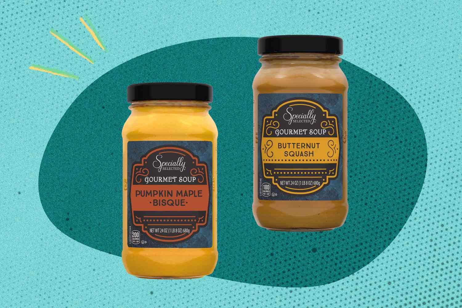 Two jars of Aldis Specialty Gourmet Soup Pumpkin Maple Bisque and Butternut Squash varieties