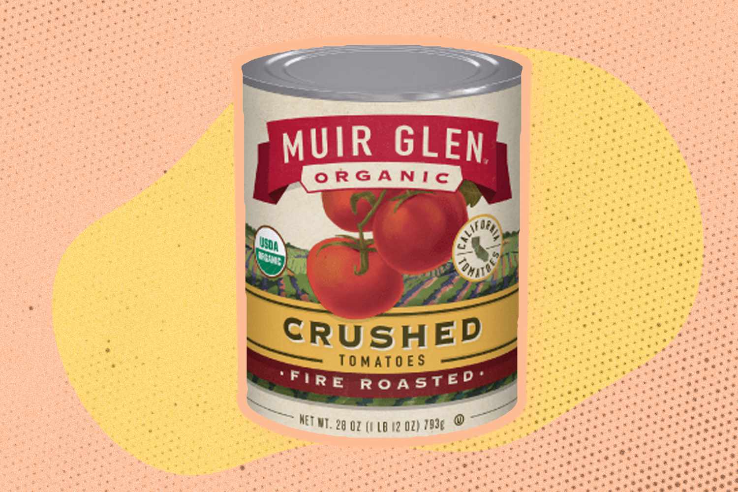 A Muir Glen Crushed Tomatoes Can on a yellow and pink illustrated background