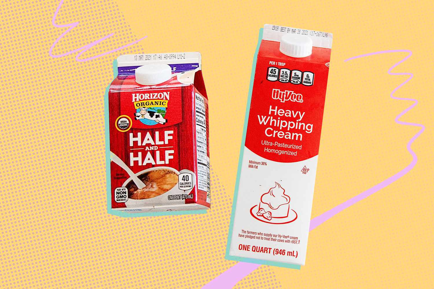 An image of a pint carton of half-and-half and a quart carton of heavy whipping cream on a mostly speckled yellow background with lavender accents