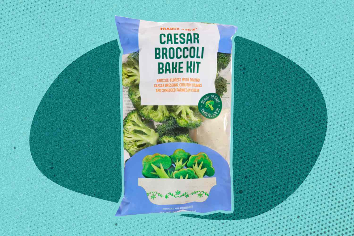 A Trader Joe's Caesar broccoli bake kit bag on an illustrated background