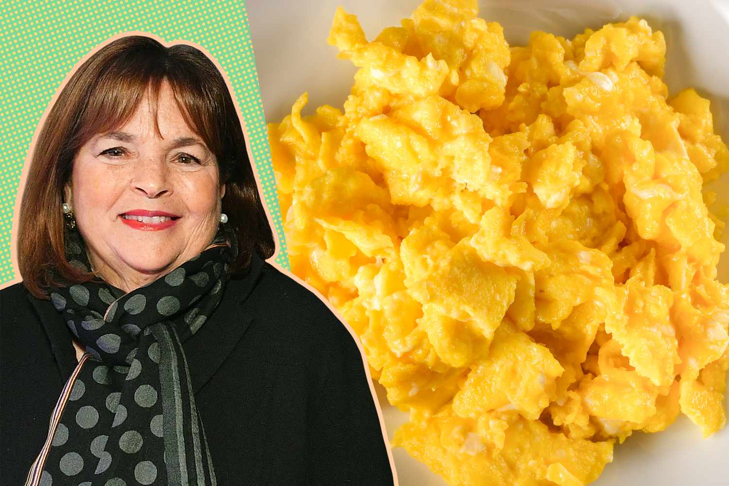 Ina Garten cutout on a green background next to a photo of scrambled eggs