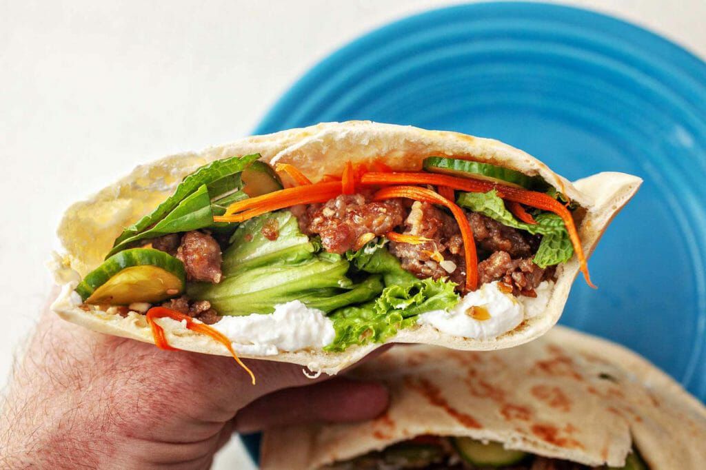 Ginger Pork Rice Bowls - pita filled with ingredients