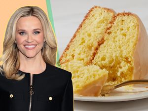 Reese Witherspoon pictured next to a plate of sour cream cake slices for Reese Witherspoon's Sour Cream Cake