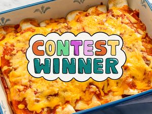 A dish of cheesy tortilla bake with a text graphic overlay reading Contest Winner in colorful letters