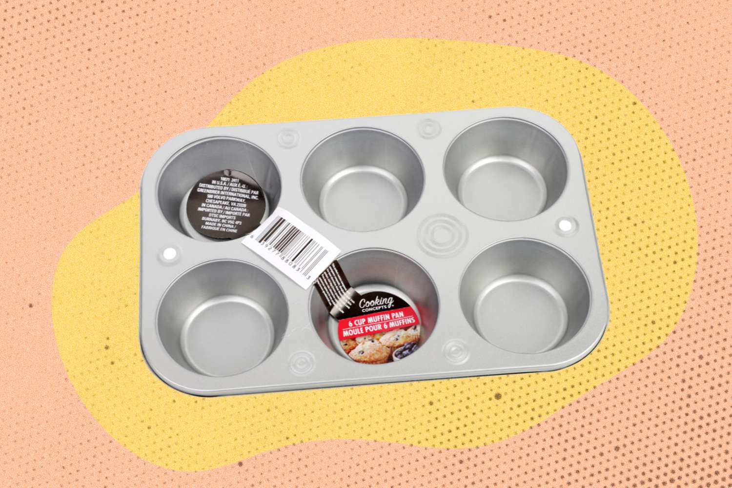 A sixcup muffin pan against a colorful background with labels visible inside