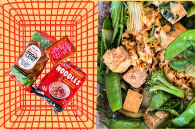fearless meals: 3-ingredient stir fry noodles ingredients in a store basket graphic next to a photo of 3-ingredient stir fry noodles