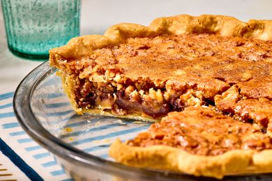 view of the side of Kentucky Derby Pie with slices cut