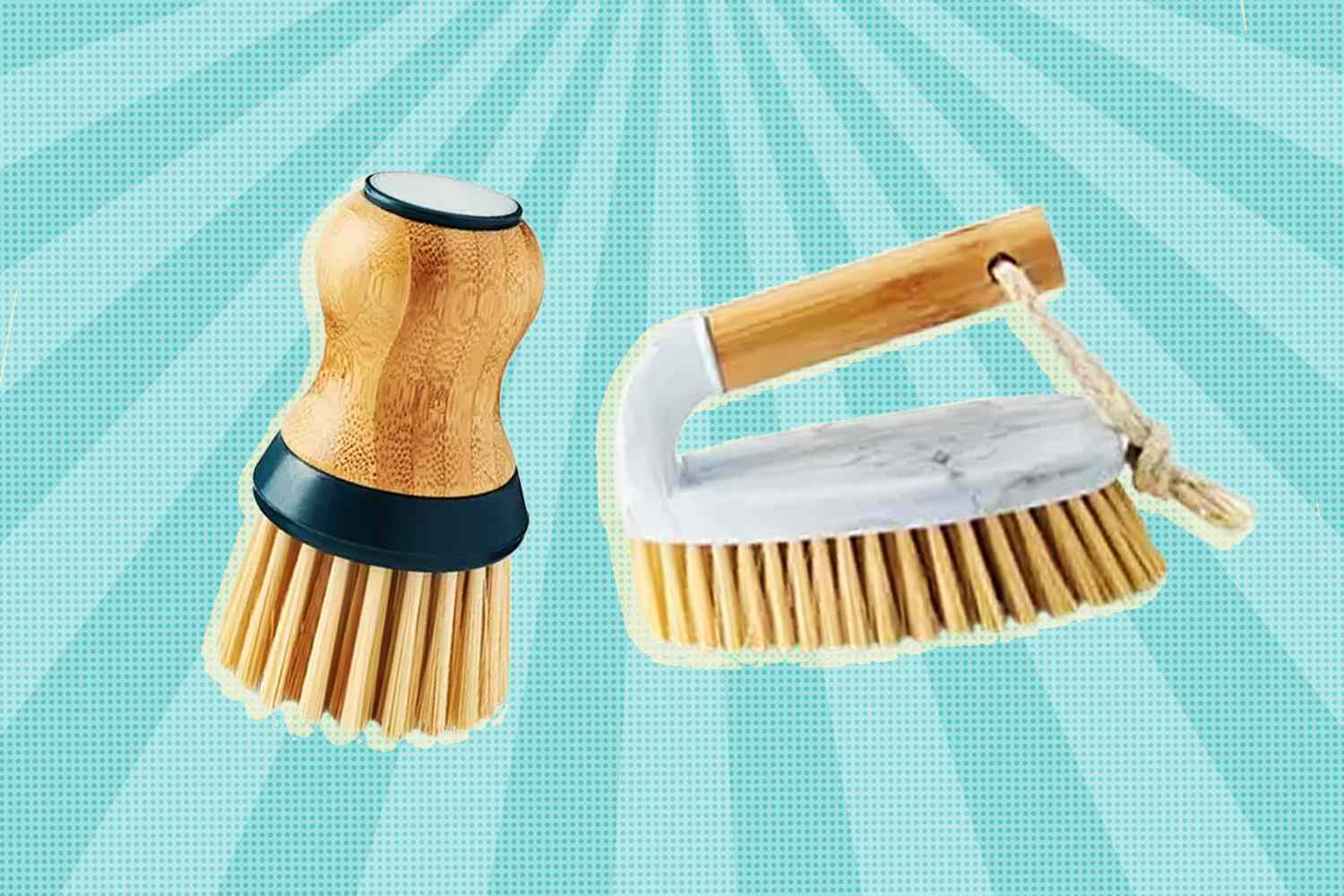 ALDI's round soap-dispensing dish brush with a bamboo handle and a scrubber brush with a bamboo handle