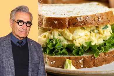A split image of Eugene Levy and a egg salad and lettuce sandwich