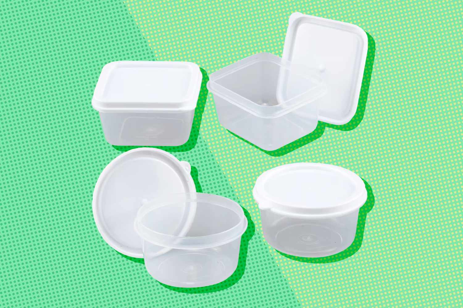 Plastic food containers with lids, square and round shapes