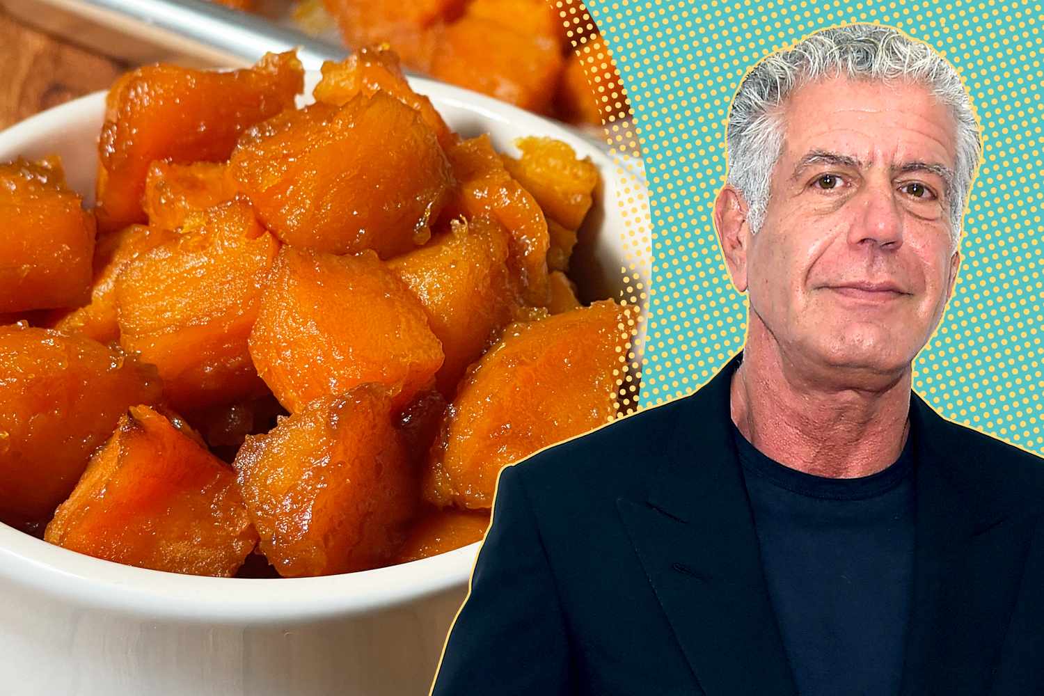 Anthony Bourdain next to a bowl of cooked sweet potatoes