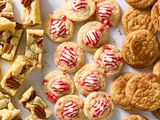 Overhead shot of assorted sugar cookies on a white background