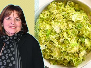 A split image of Ina Garten and a bowl of shredded Brussels sprouts